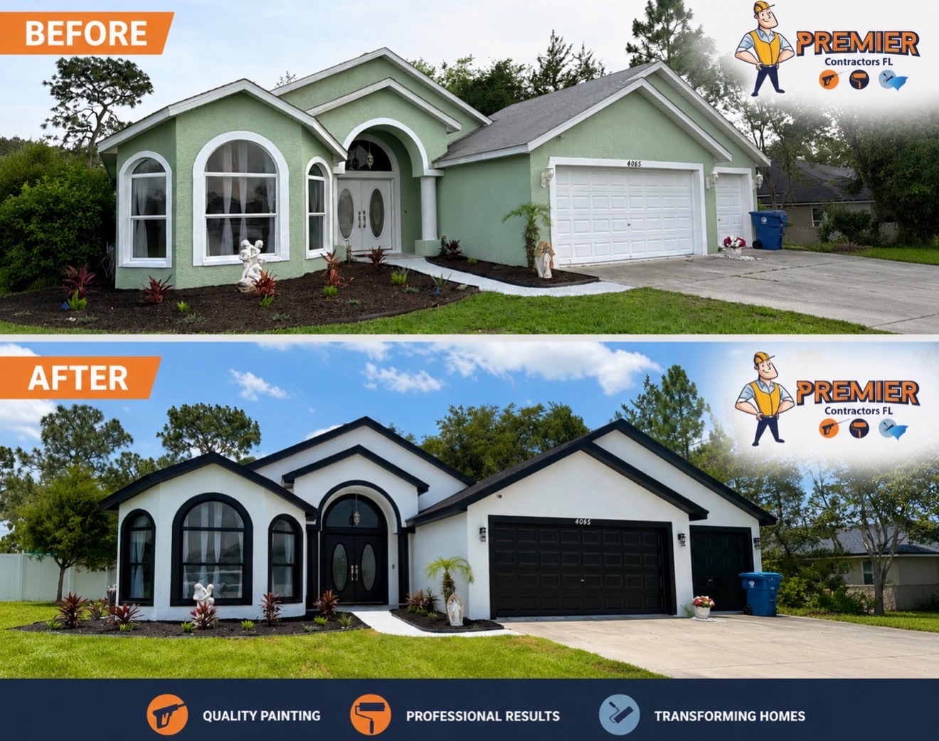 Exterior house repaint before and after - green to white two-story home Tampa - Premier Contractors FL